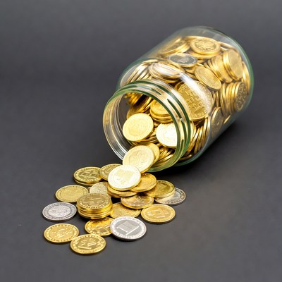 Gold Coins Pouring from Glass Jar