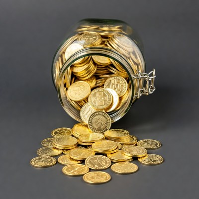 Gold Coins Spilling from Glass Jar