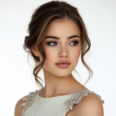 Woman in white lace dress closeup