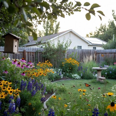 Vibrant backyard garden with butterflies