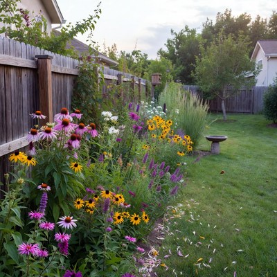 Colorful flower garden along backyard fence