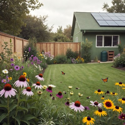 Green house with solar panels and garden