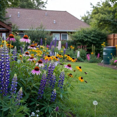 Vibrant Garden with Coneflowers and Lupines