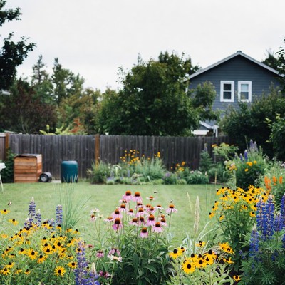 Vibrant Garden Flowers with Blue House Backdrop
