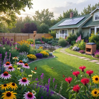 Vibrant backyard garden with house