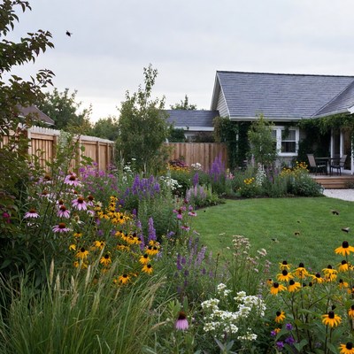 Vibrant Garden with Flowers and House