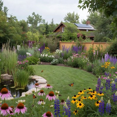 Vibrant Garden with Pond and Flowers