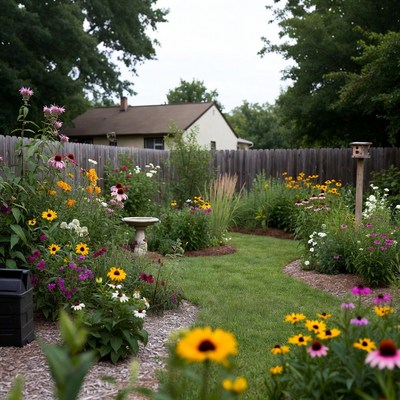 Vibrant flower garden with backyard fence