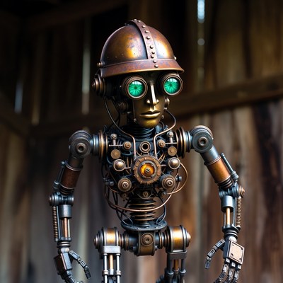 Steampunk Robot with Green Glowing Eyes