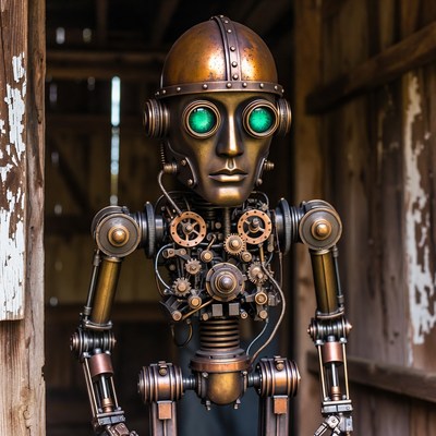 Steampunk Robot in Barn
