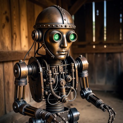 Steampunk Robot in Barn