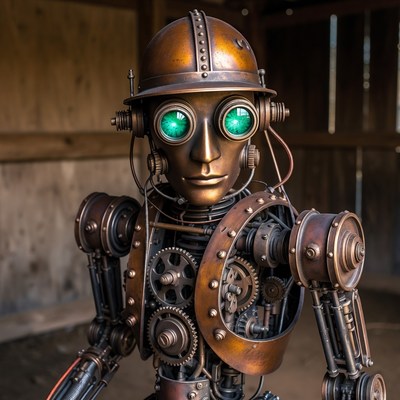 Steampunk Robot in Barn