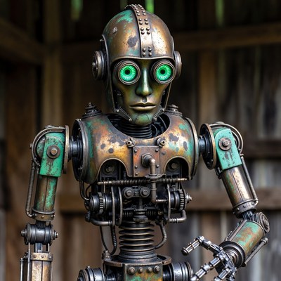 Steampunk Robot with Glowing Green Eyes