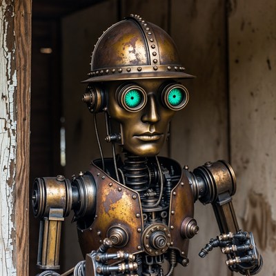 Steampunk Robot with Glowing Green Eyes