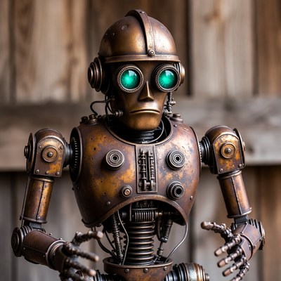 Steampunk Robot Against Wooden Wall