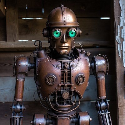 Steampunk Robot with Green Eyes