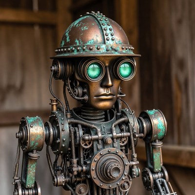 Steampunk Robot with Glowing Green Goggles