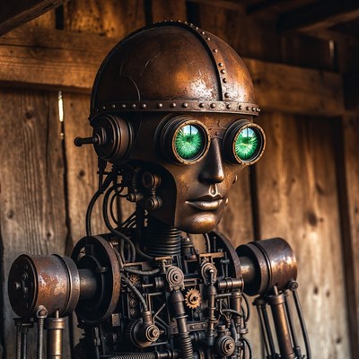 Steampunk Robot with Glowing Green Goggles
