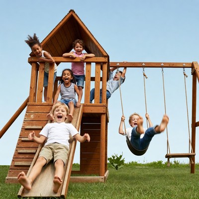Diverse kids playing on wooden playground