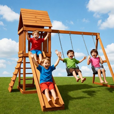 Four kids playing on wooden playground