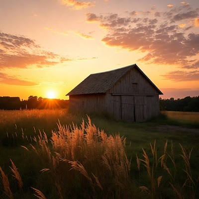 Barn in golden field at sunset