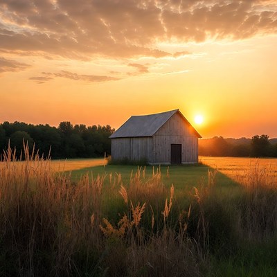 Barn at Sunset in Tall Grass Field