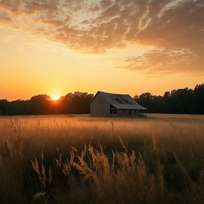 Old Barn at Sunset in Field