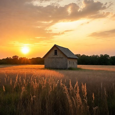 Barn in golden field at sunset