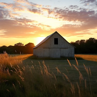 Barn at Sunset in Grassy Field