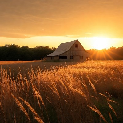 Old Barn in Golden Sunset Field