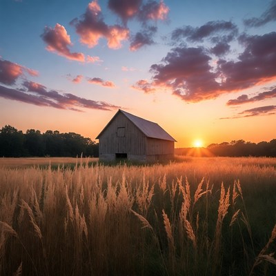Red Barn in Golden Wheat Field at Sunset