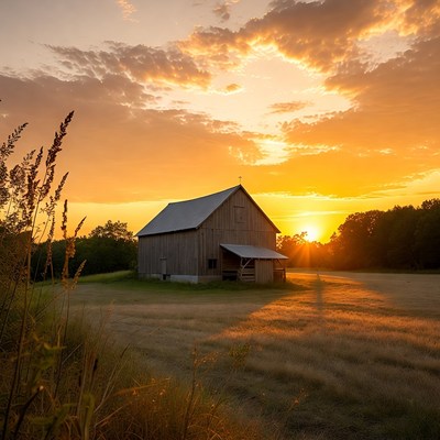 Barn at Sunset in Field