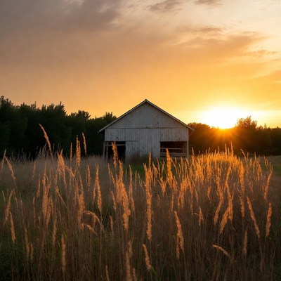 White Barn in Golden Sunset Field