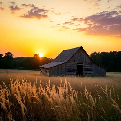 Old Barn in Golden Sunset Field