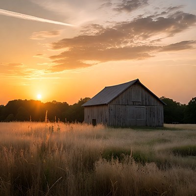 Barn at Sunset in Golden Field