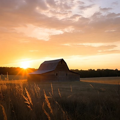Barn at Sunset in Grassy Field