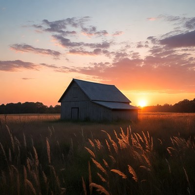 Barn at Sunset in Grassy Field