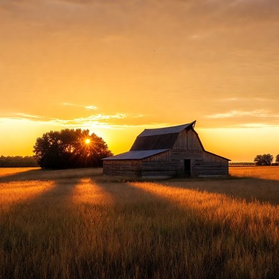 Old Barn at Sunset in Field