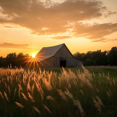 Sunset Barn in Golden Grass Field