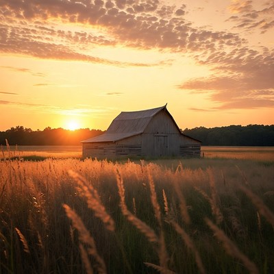 Barn in golden wheat field at sunset