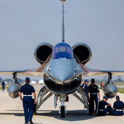 Military personnel inspecting fighter jet
