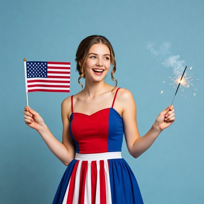 Smiling girl holding American flag sparkler