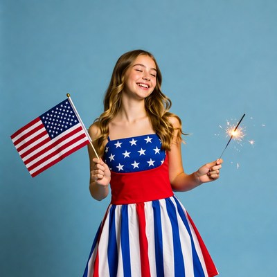 Girl holding American flag and sparkler
