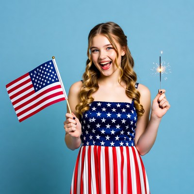 Girl holding American flag and sparkler