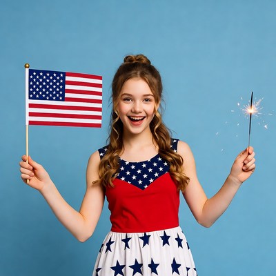 Girl holding American flag and sparkler