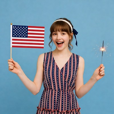 Girl holding American flag and sparkler