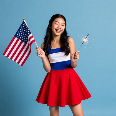 Asian girl holding American flag sparkler
