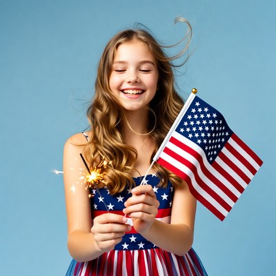 Girl holding sparkler and American flag
