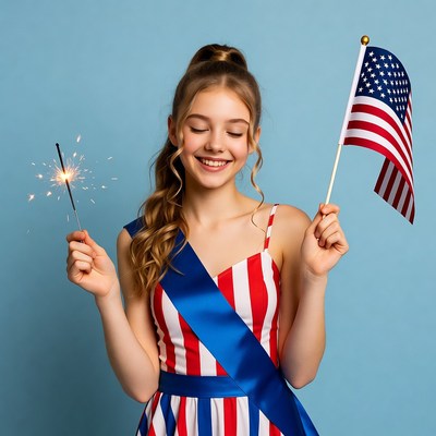 Girl holding sparkler and American flag