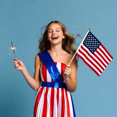 Girl holding sparkler and American flag